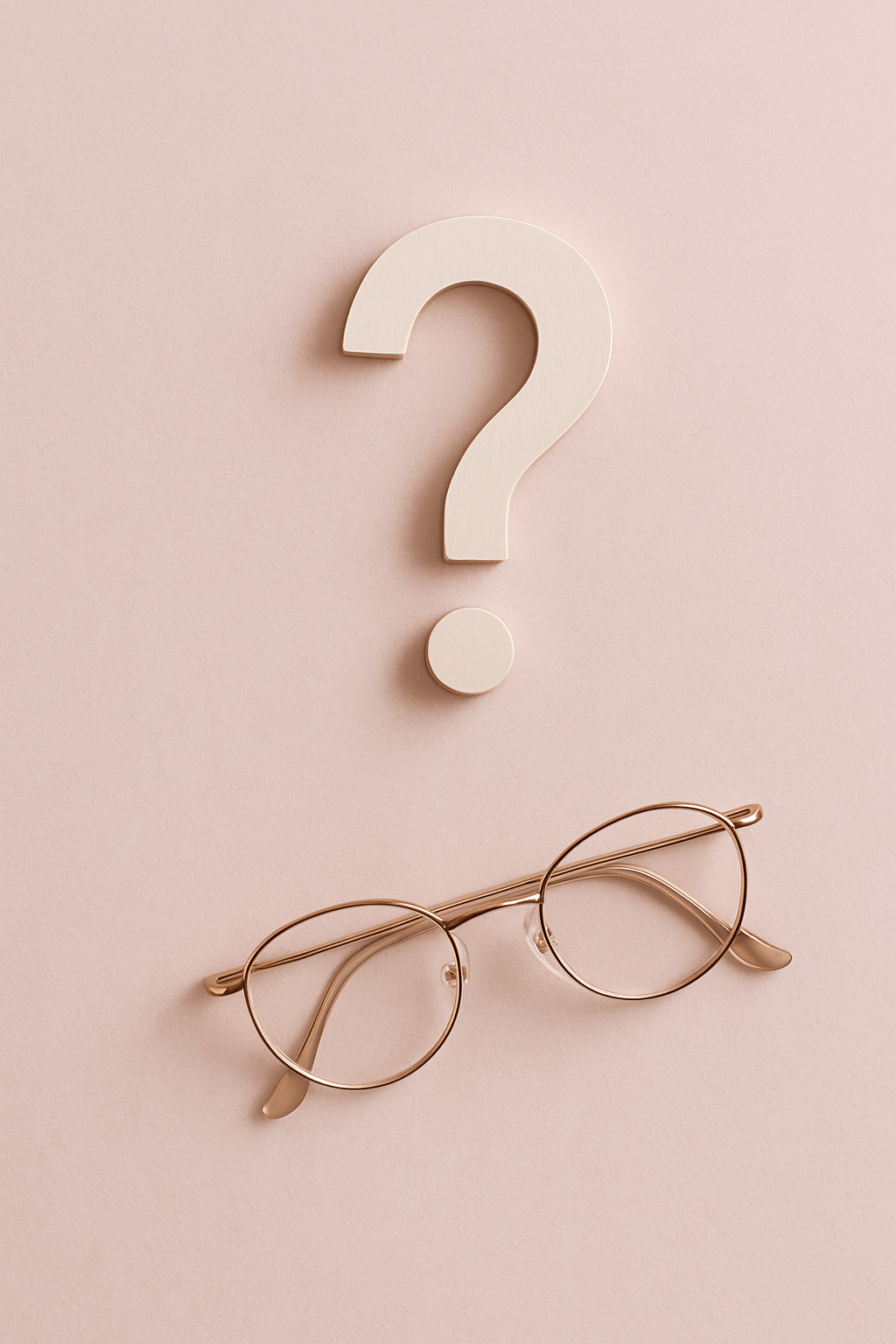 Minimal flat lay with a light pink background, a wooden question mark symbol, and soft natural light.