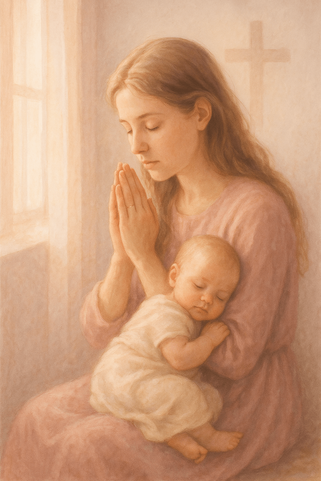 A mother in quiet prayer, reflecting the sacred journey of motherhood through faith and love.