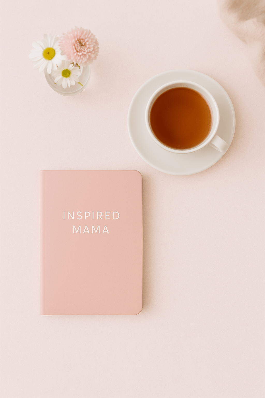 Flat lay with a soft pink notebook labeled 'Inspired Mama', a white tea cup, and pastel flowers on a light pink background.”