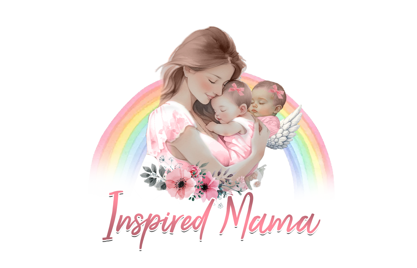 Logo of a mother holding her two daughters—one in her arms, one with angel wings