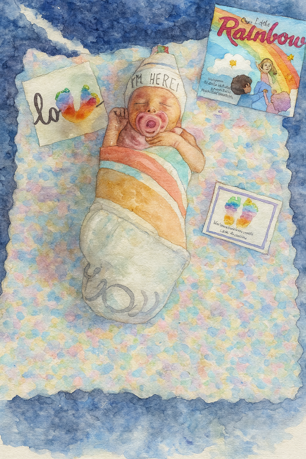 Watercolor illustration of newborn rainbow baby Samantha with her keepsakes — a symbolic portrait of healing and hope.