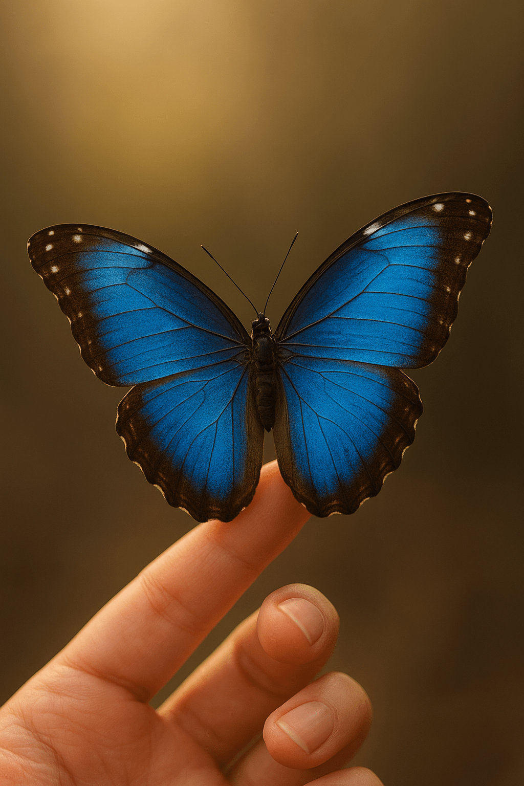 A glowing blue butterfly resting gently on a woman’s hand with warm golden light, symbolizing remembrance, love, and connection to heaven.