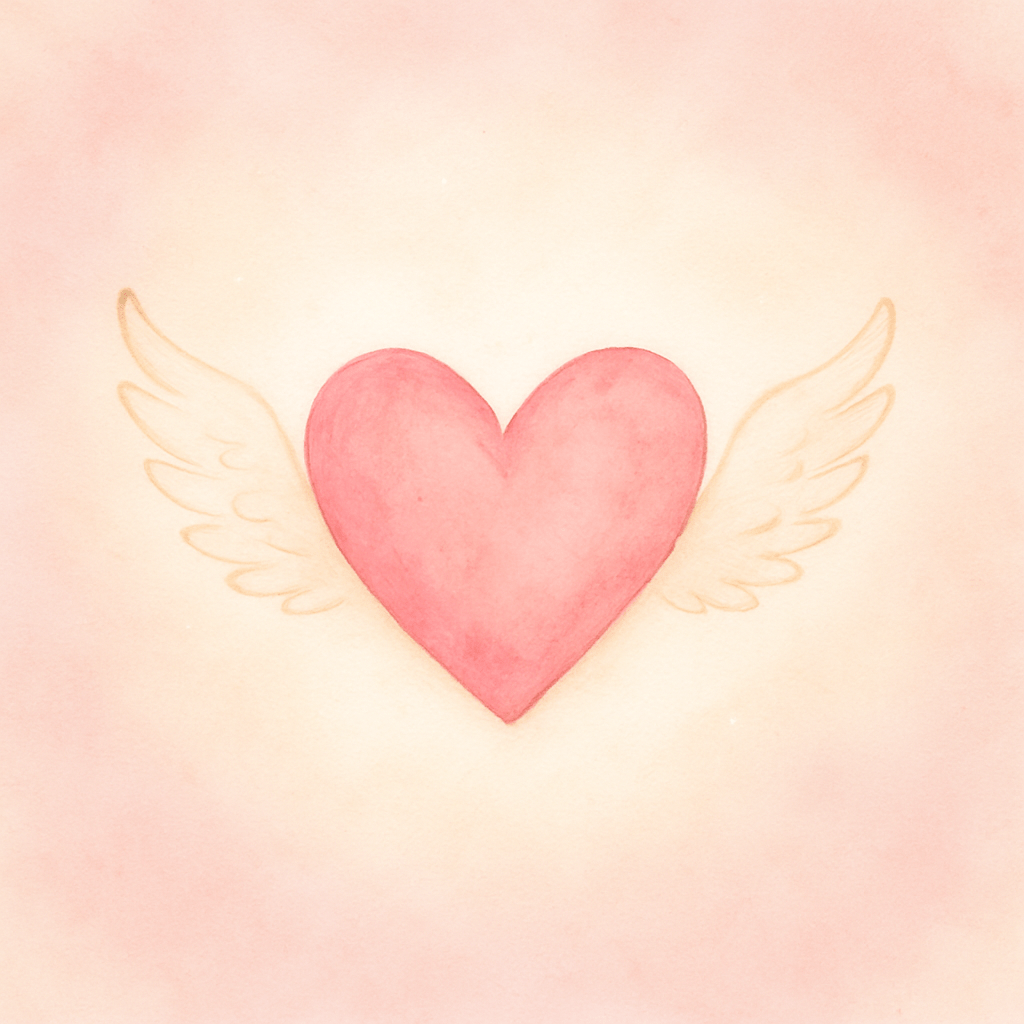 A soft pastel illustration of a glowing pink heart with golden angel wings, symbolizing love, remembrance, and empathy in baby loss.