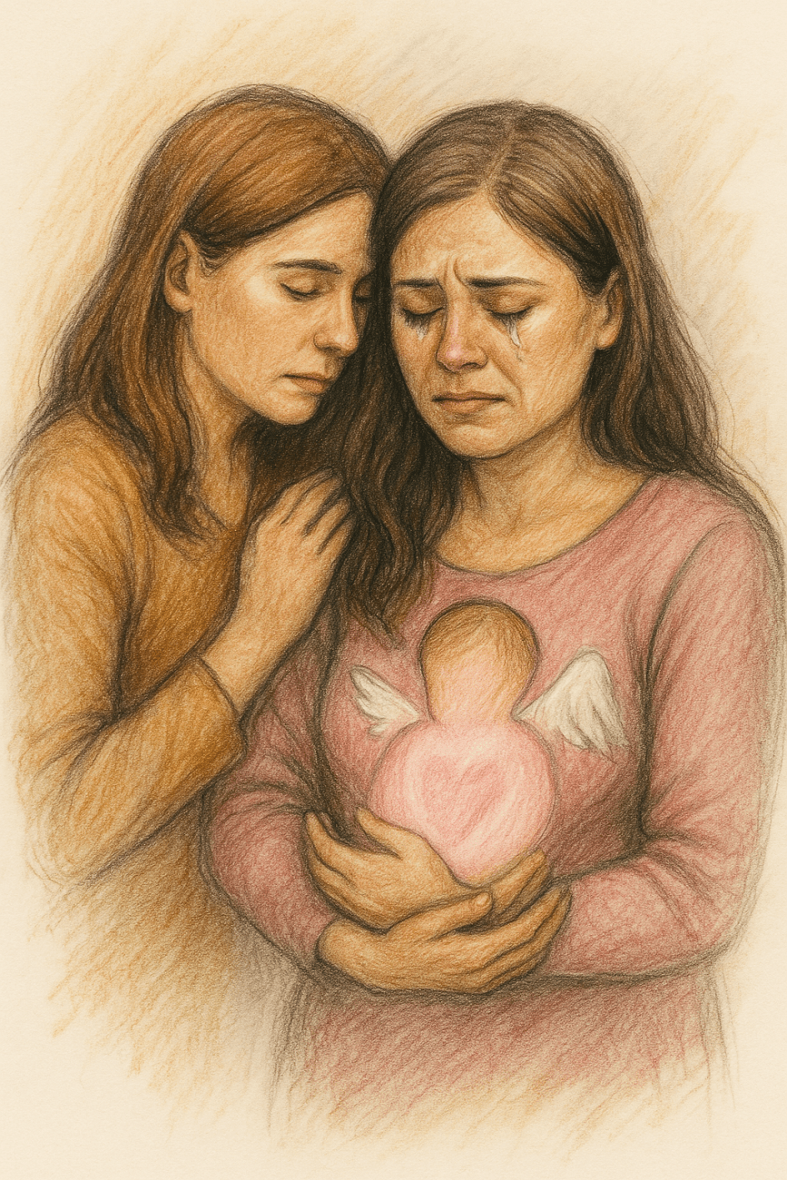 This soft pastel illustration of a pink heart with golden angel wings represents love, remembrance, and empathy for grieving parents. Created as a featured image for a blog post about baby loss, grief, and the importance of empathy, it symbolizes eternal love and connection.