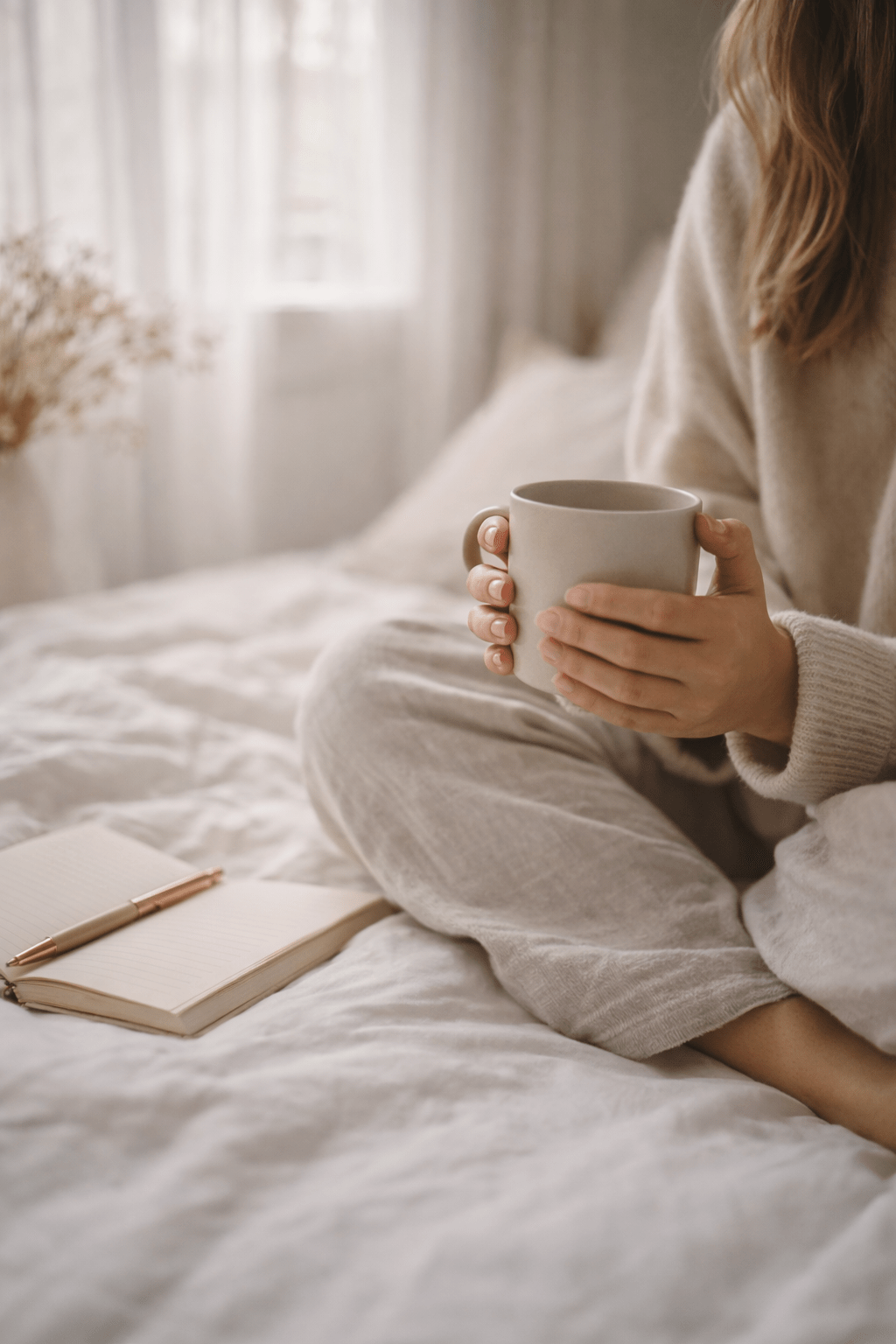 Gentle mindset workbook for mothers, featuring a calm moment with a journal and warm light